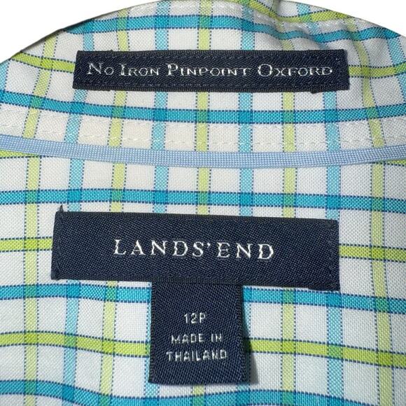 Lands End Sz 12P No Iron Pinpoint Oxford Shirt Plaid Office Preppy Casual - Picture 3 of 9